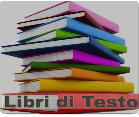 Pila di libri colorati con testo: libri di testo